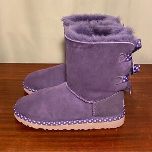 UGG Purple Violet Bailey Bow Polka Dot Pull on Seude Boots Youth Size 6